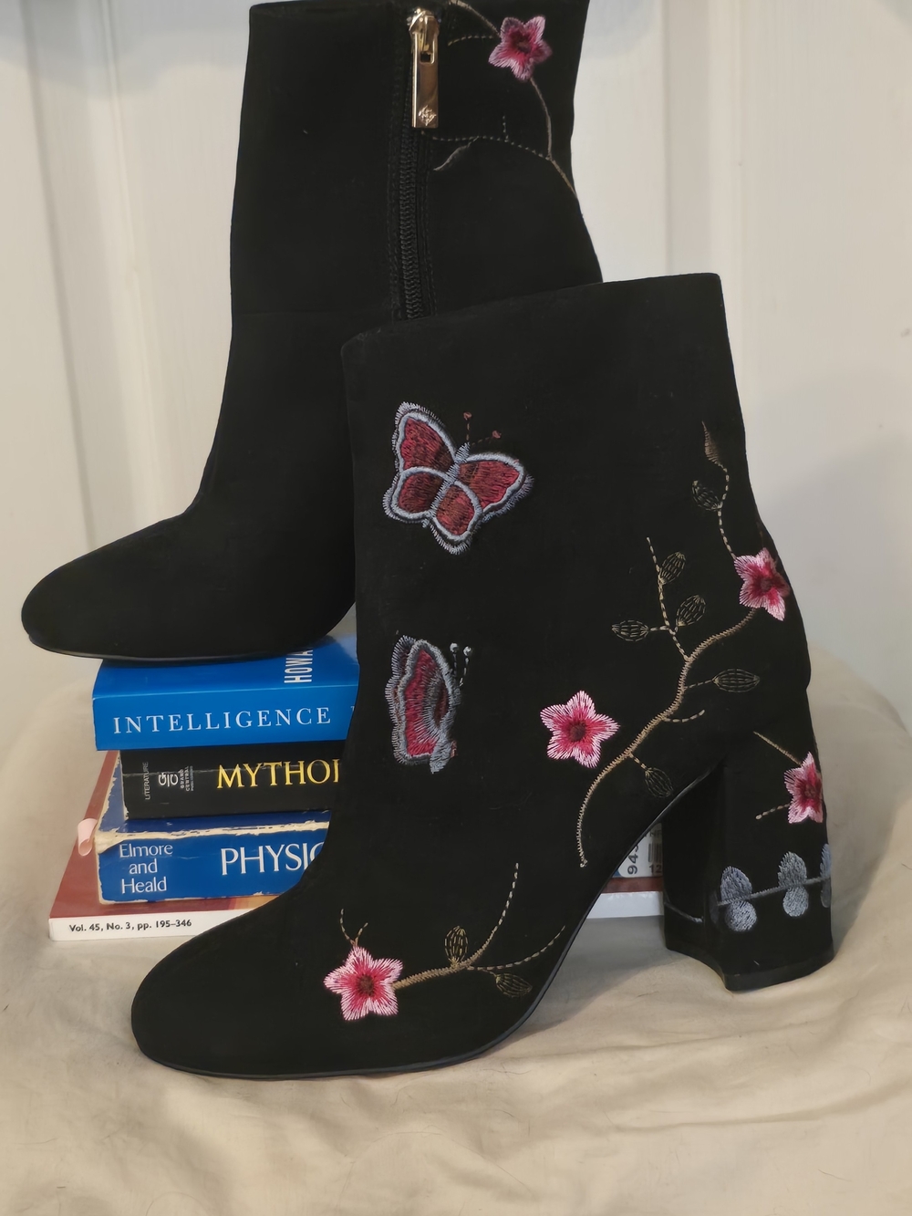 Nanette Lepore Lilly 3D Butterfly Floral Embroidered Black Ankle Boots